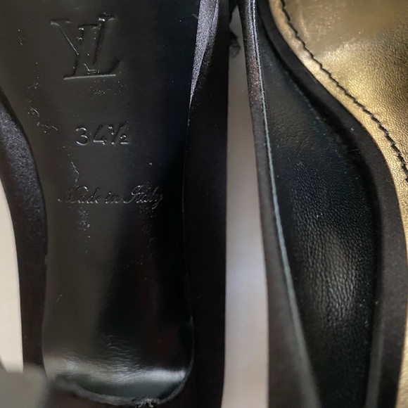 Louis Vuitton black satin open toe heels pumps slip ons 34.5 FLOWER ACCENT LV - Picture 10 of 11